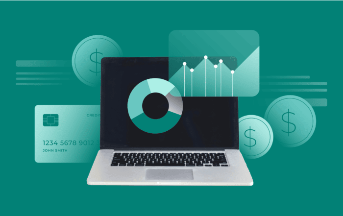 Laptop with financial data and credit car vector with green background