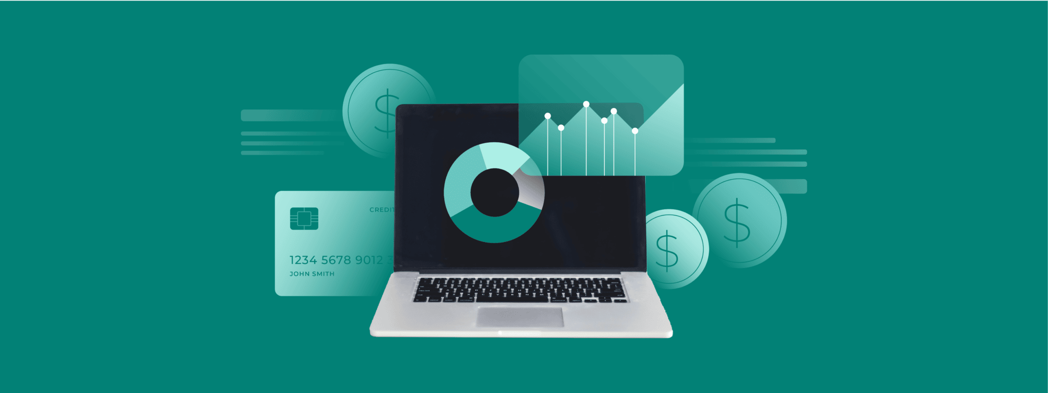 Laptop with financial data and credit car vector with green background